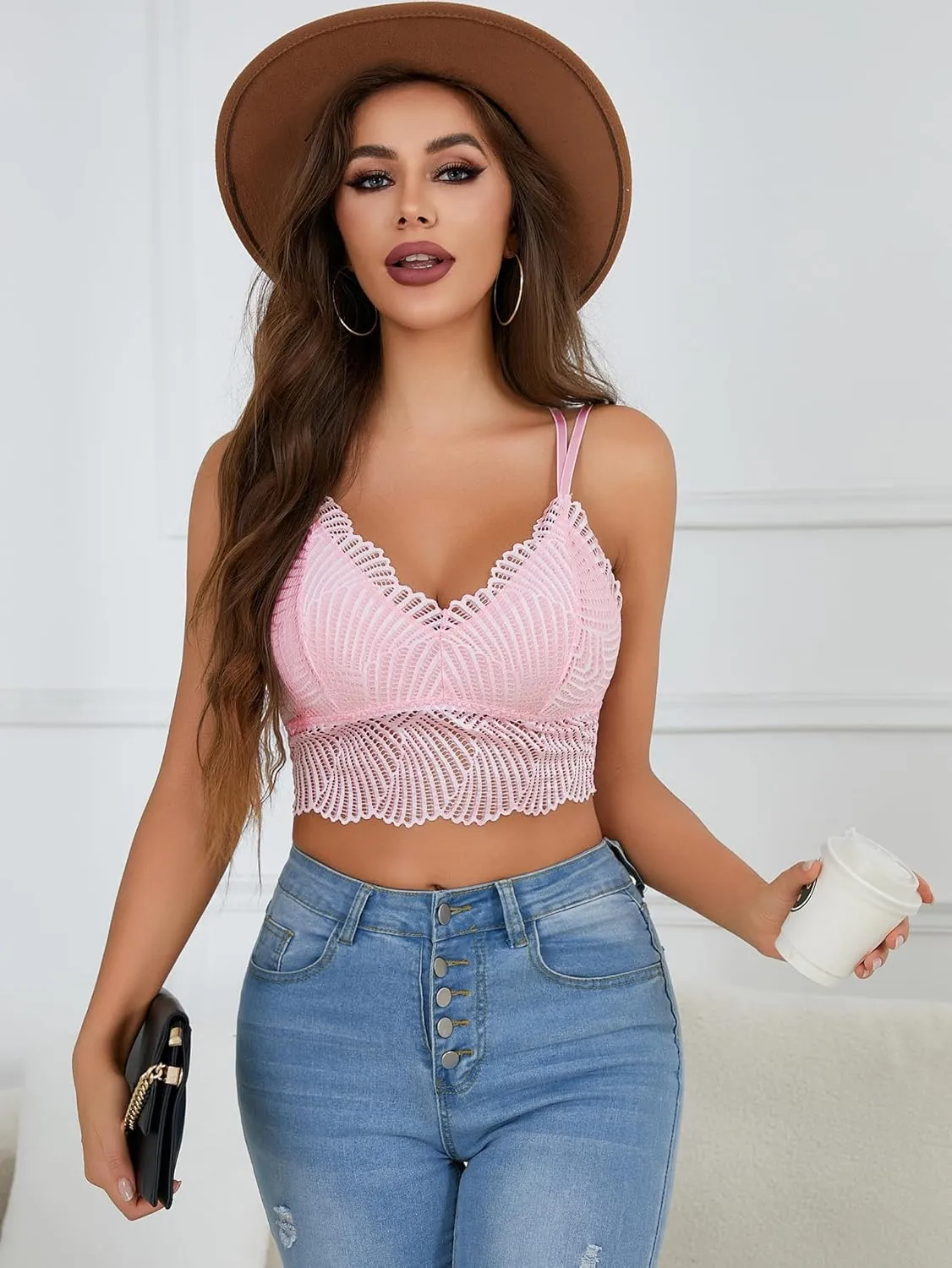 2 Pack Lace Bralettes for Women Sexy V Neck Camisoles Racerback Adjustable Strap Crop Top Slim Basic Tank Tops Bralette