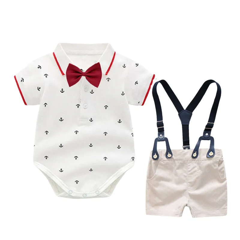 2 Pieces Set Baby Boys Birthday Party Bow Print Rompers And Solid Color Rompers Wholesale 22121456