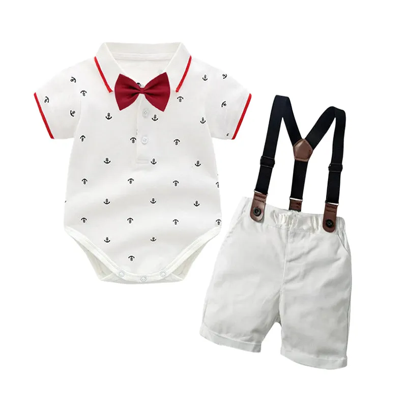 2 Pieces Set Baby Boys Birthday Party Bow Print Rompers And Solid Color Rompers Wholesale 22121456