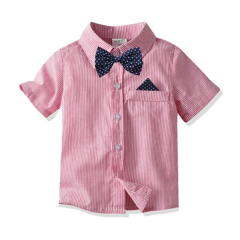 2 Pieces Set Baby Kid Boys Birthday Party Striped Bow Shirts And Solid Color Rompers Wholesale 211109215