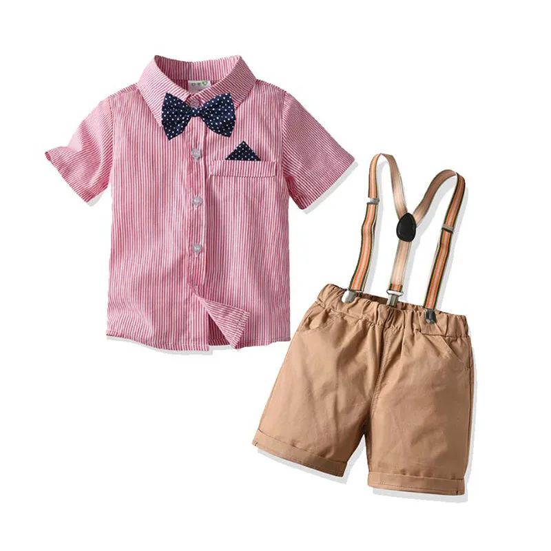 2 Pieces Set Baby Kid Boys Birthday Party Striped Bow Shirts And Solid Color Rompers Wholesale 211109215