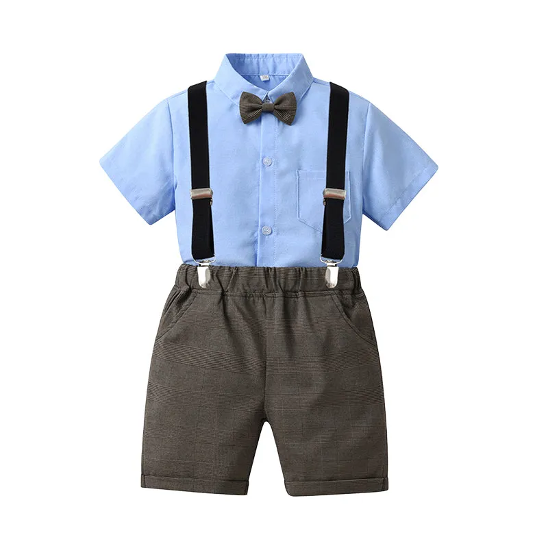 2 Pieces Set Baby Kid Boys Birthday Solid Color Bow Shirts And Checked Rompers Wholesale 230224131