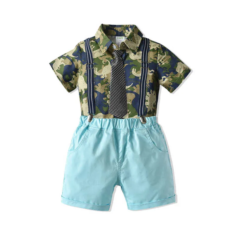 2 Pieces Set Baby Kid Boys Dressy Birthday Party Dinosaur Camo Bow Print Shirts And Solid Color Rompers Wholesale 211109529