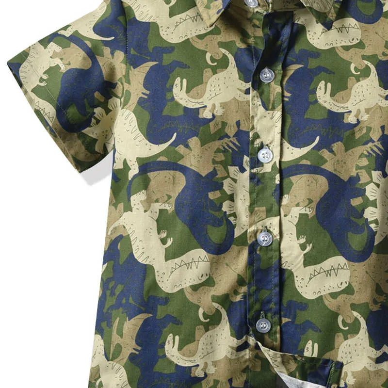 2 Pieces Set Baby Kid Boys Dressy Birthday Party Dinosaur Camo Bow Print Shirts And Solid Color Rompers Wholesale 211109529