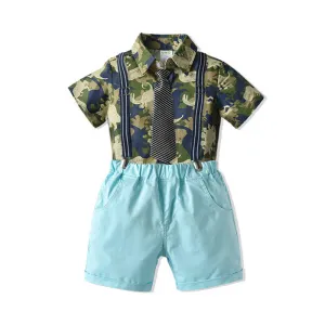 2 Pieces Set Baby Kid Boys Dressy Birthday Party Dinosaur Camo Bow Print Shirts And Solid Color Rompers Wholesale 211109529
