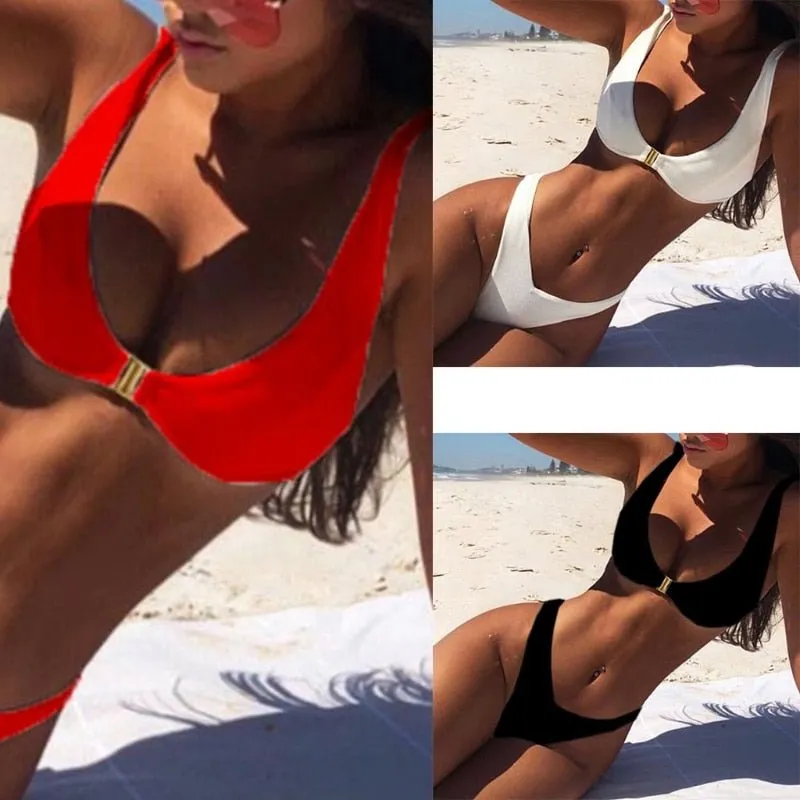 2021 Neu Eingetroffen Sexy 2 teilig Einfarbig Bikini Set Scoop Neck Metall Schnalle Vorne Badeanzug XX9D