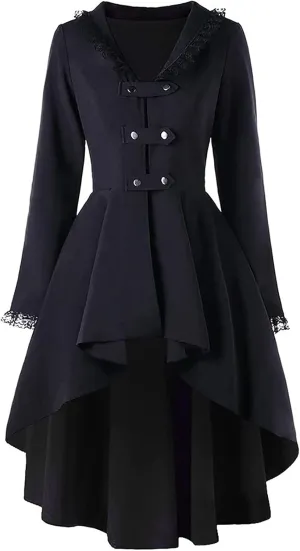 2021 Winter Trench Coats for Women Double Breasted Gothic Coat Swing Hi-Lo Hem Jacket Back Lace Up Overcoat Tops Party Costumes Black