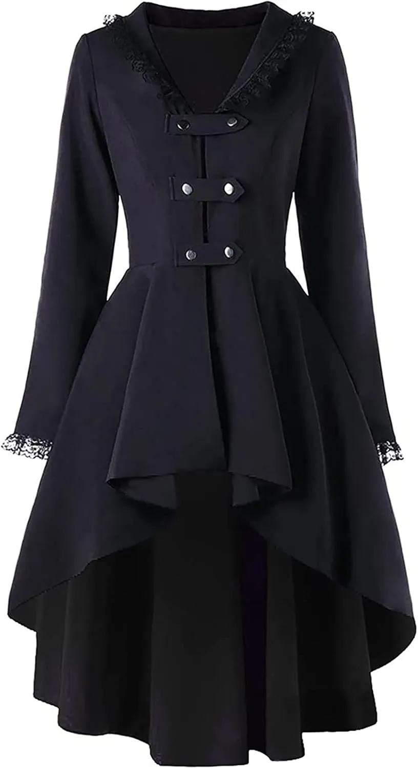 2021 Winter Trench Coats for Women Double Breasted Gothic Coat Swing Hi-Lo Hem Jacket Back Lace Up Overcoat Tops Party Costumes Black