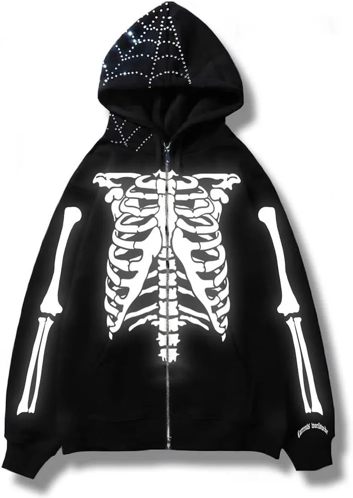 2023 Punk Jackets Streetwear Goth Oversized Zip Up Hoodie Men Women Rhinestone Y2K Spider Skeleton Hoodies
