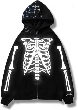 2023 Punk Jackets Streetwear Goth Oversized Zip Up Hoodie Men Women Rhinestone Y2K Spider Skeleton Hoodies