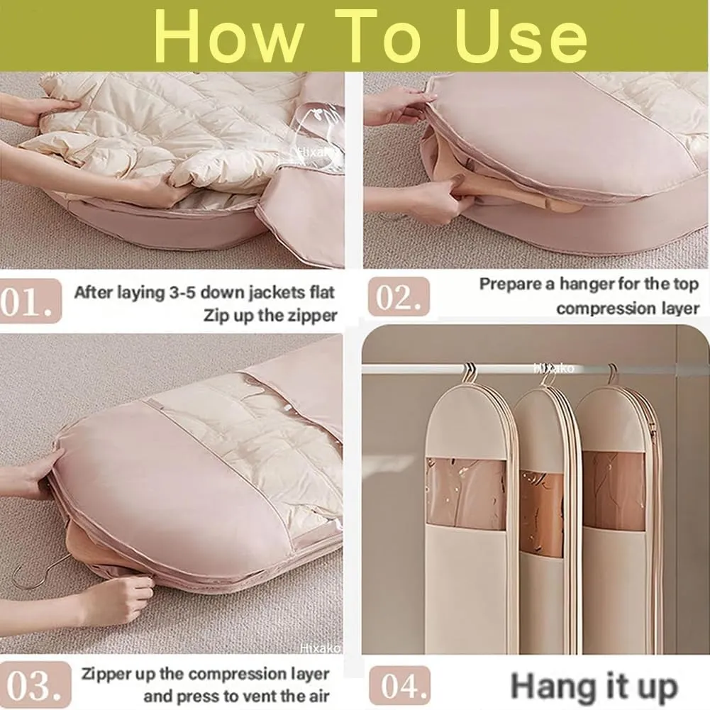 2025 Space Saving Hanging Garment Bag with Self Compression Zipper Down Coat Dust Cover Clothes Bags Transparent (Pink,M)