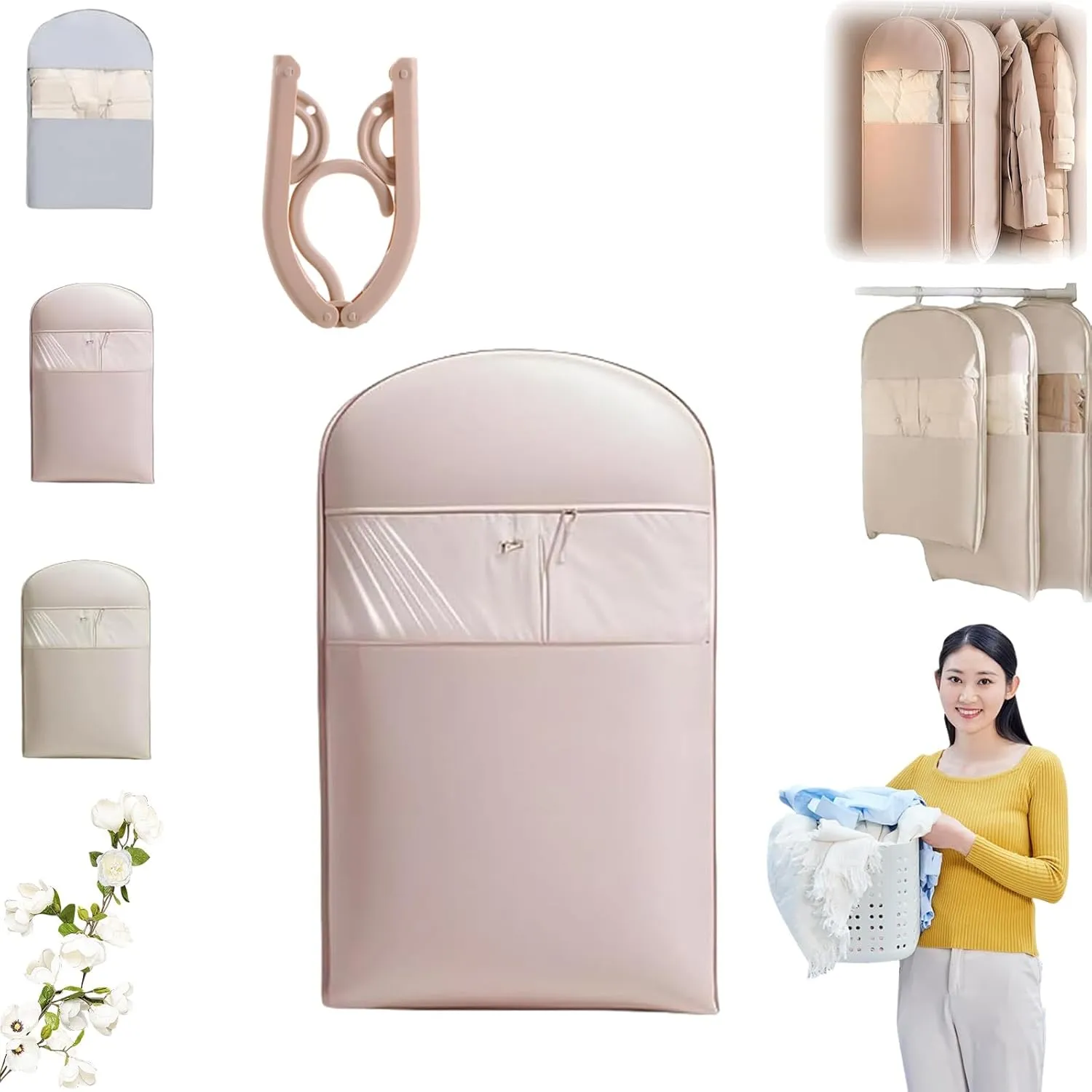 2025 Space Saving Hanging Garment Bag with Self Compression Zipper Down Coat Dust Cover Clothes Bags Transparent (Pink,M)