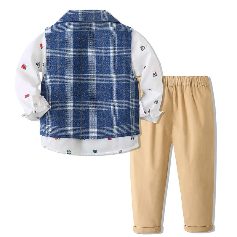 3 Pieces Set Baby Kid Boys Birthday Party Car Bow Shirts Checked Vests Waistcoats And Solid Color Pants Wholesale 221216497