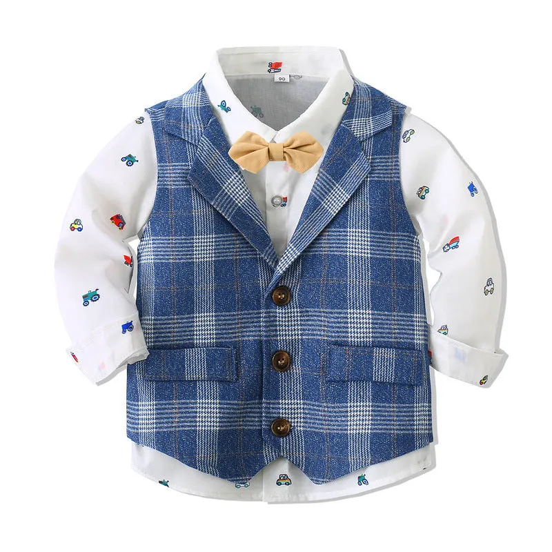 3 Pieces Set Baby Kid Boys Birthday Party Car Bow Shirts Checked Vests Waistcoats And Solid Color Pants Wholesale 221216497