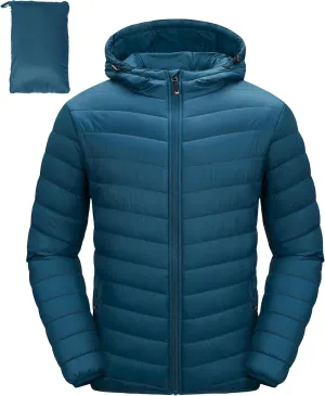 33,000ft Men's Lightweight Packable Insulated Puffer Winter Jacket with Hood, Water-Resistant Down Alternative Puffy Coat