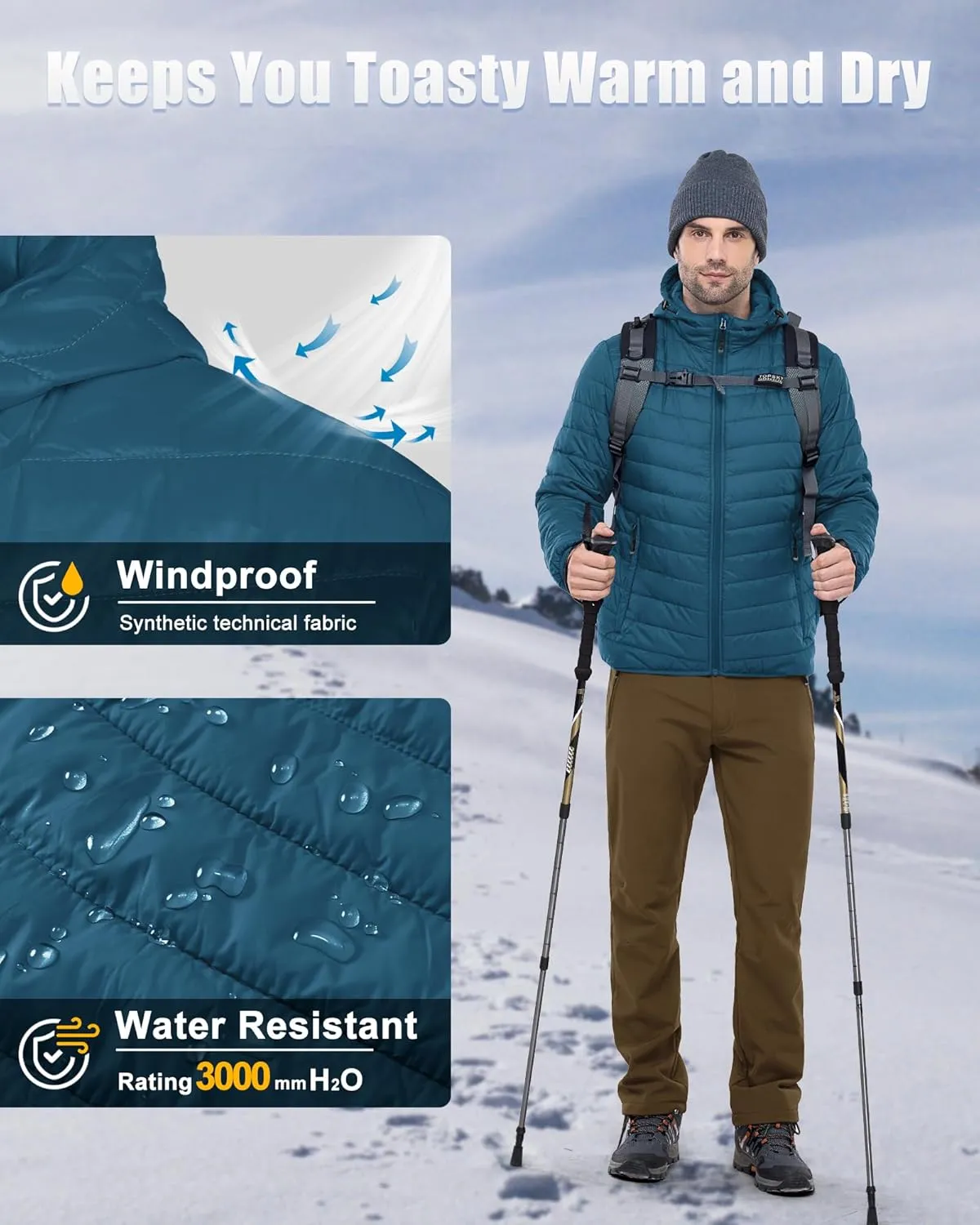 33,000ft Men's Lightweight Packable Insulated Puffer Winter Jacket with Hood, Water-Resistant Down Alternative Puffy Coat