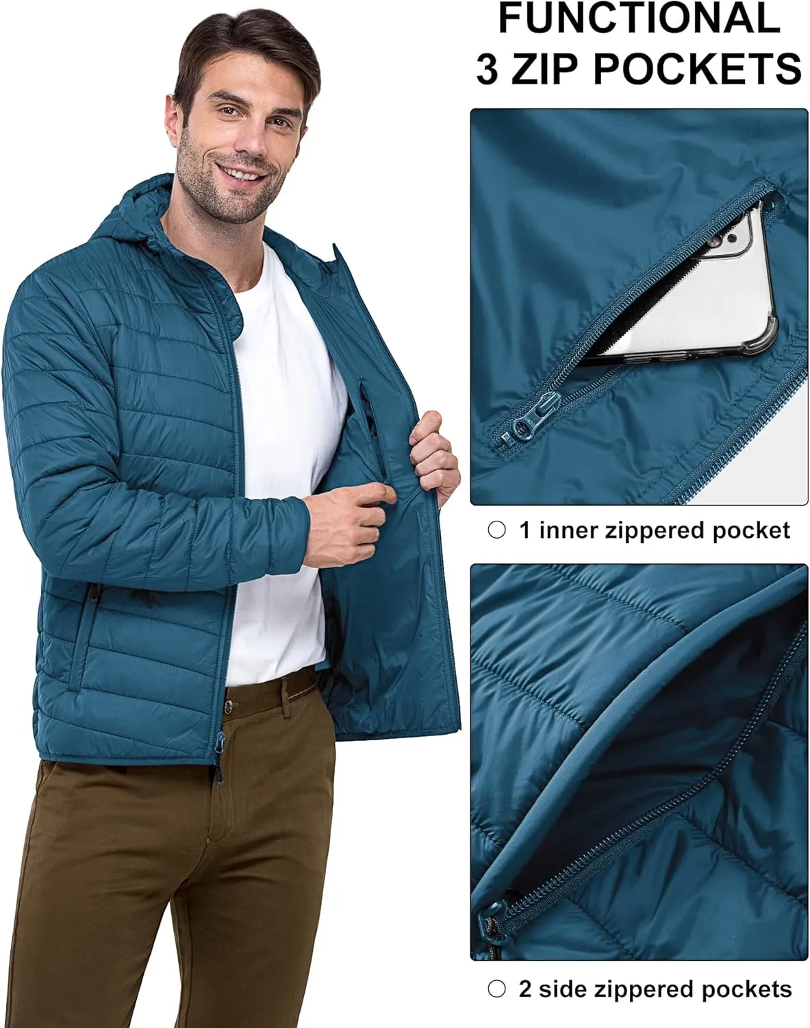 33,000ft Men's Lightweight Packable Insulated Puffer Winter Jacket with Hood, Water-Resistant Down Alternative Puffy Coat