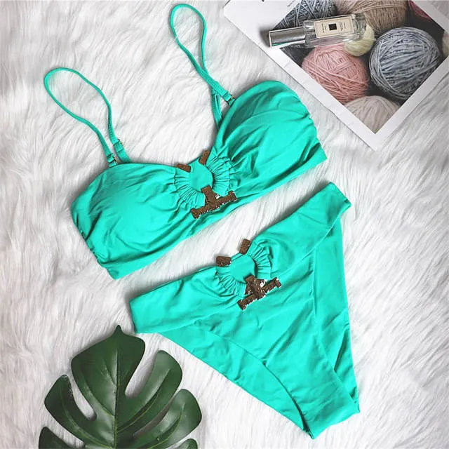 4 Color Metal Ring Bandeau Bikini Female Swimsuit Women Swimwear Two-pieces Bikini set Strapless Bather Bathing Suit Swim V2855