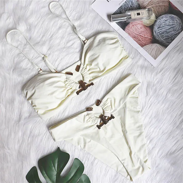 4 Color Metal Ring Bandeau Bikini Female Swimsuit Women Swimwear Two-pieces Bikini set Strapless Bather Bathing Suit Swim V2855
