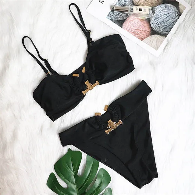 4 Color Metal Ring Bandeau Bikini Female Swimsuit Women Swimwear Two-pieces Bikini set Strapless Bather Bathing Suit Swim V2855