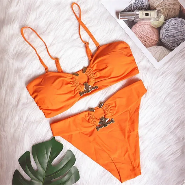 4 Color Metal Ring Bandeau Bikini Female Swimsuit Women Swimwear Two-pieces Bikini set Strapless Bather Bathing Suit Swim V2855