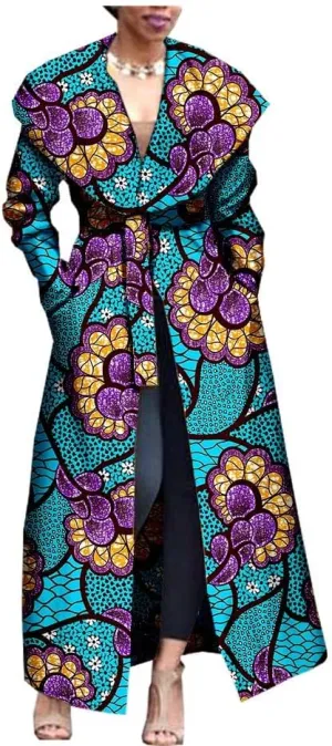 African Women's Print Coat Ankara Long Sleeve Jacket Maxi Coat with Belt Dashiki Casual Outwear