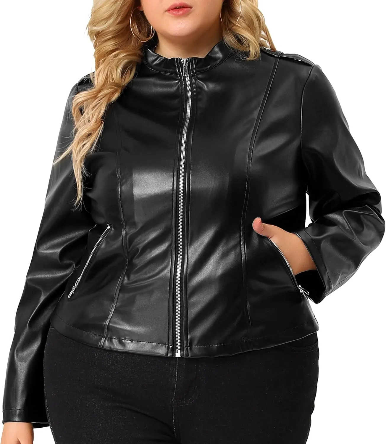Agnes Orinda Plus Size Jacket for Women Faux Leather Moto Biker Coats Zip Up Halloween Jackets