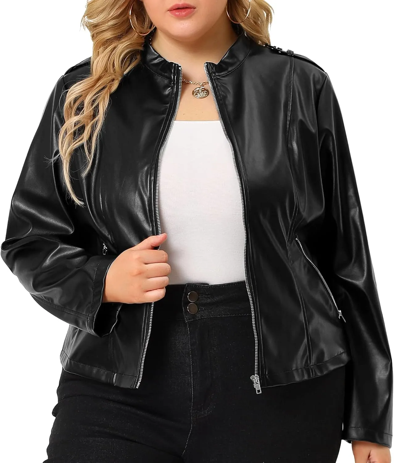 Agnes Orinda Plus Size Jacket for Women Faux Leather Moto Biker Coats Zip Up Halloween Jackets