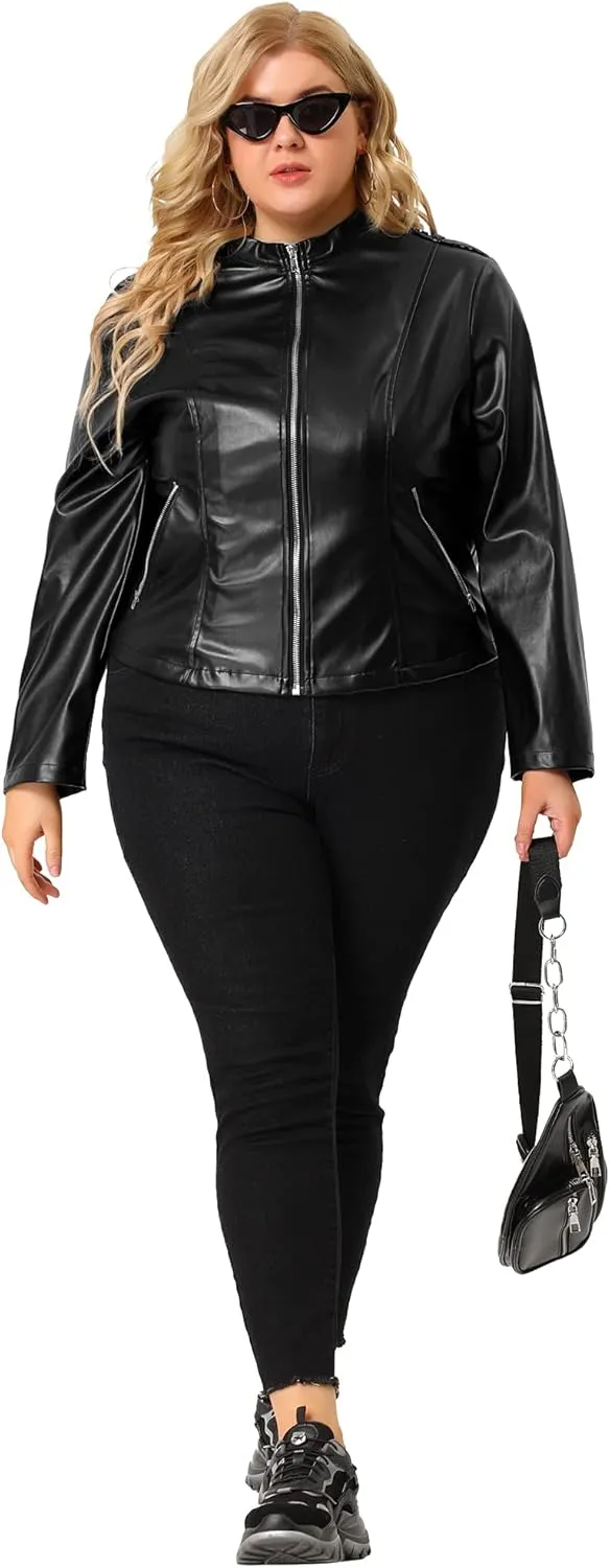 Agnes Orinda Plus Size Jacket for Women Faux Leather Moto Biker Coats Zip Up Halloween Jackets