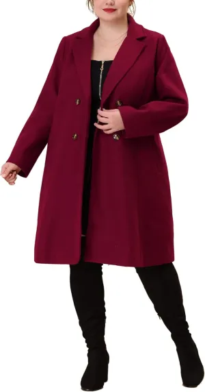 Agnes Orinda Plus Size Long Coats for Women Notched Lapel Winter Warm Double Breasted Coat