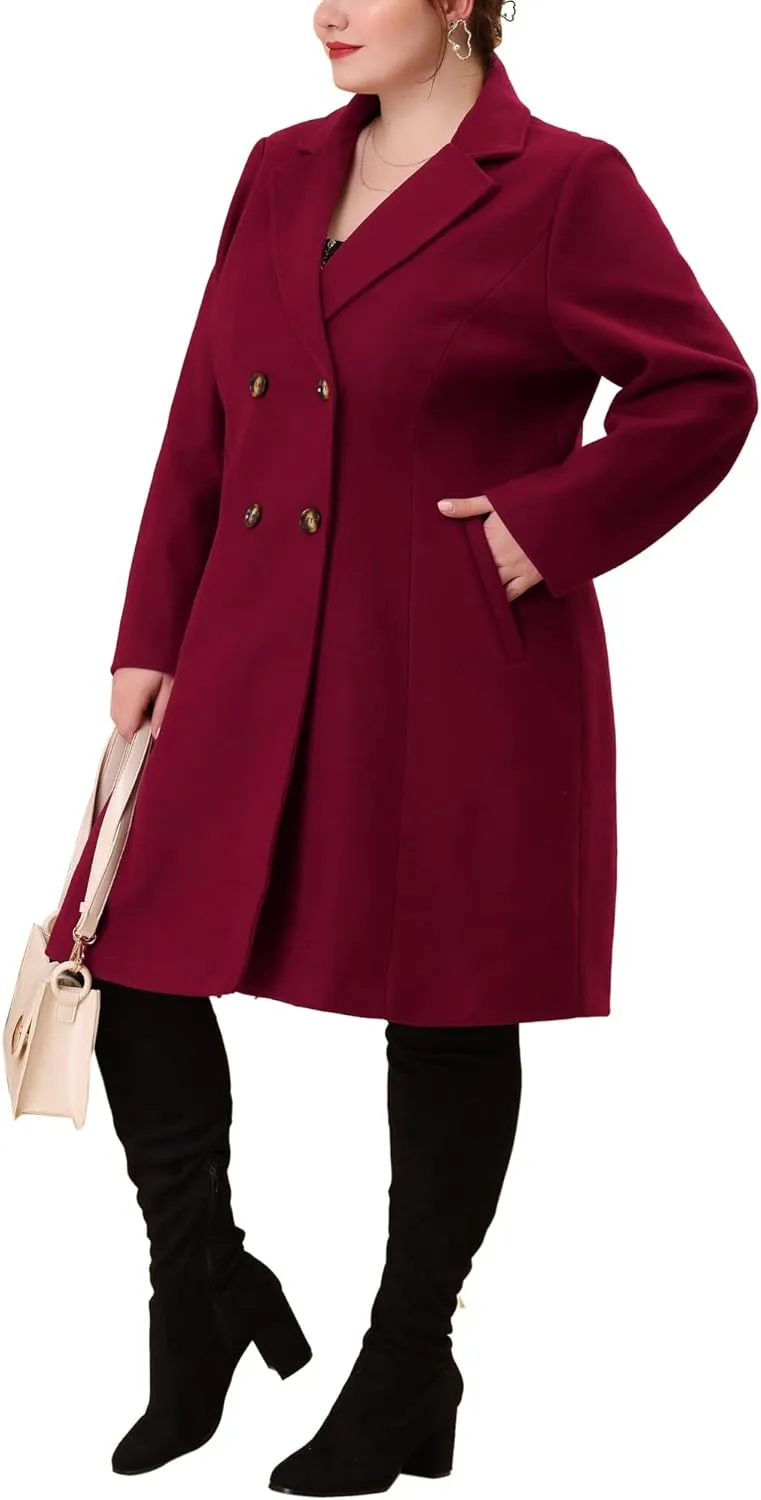 Agnes Orinda Plus Size Long Coats for Women Notched Lapel Winter Warm Double Breasted Coat