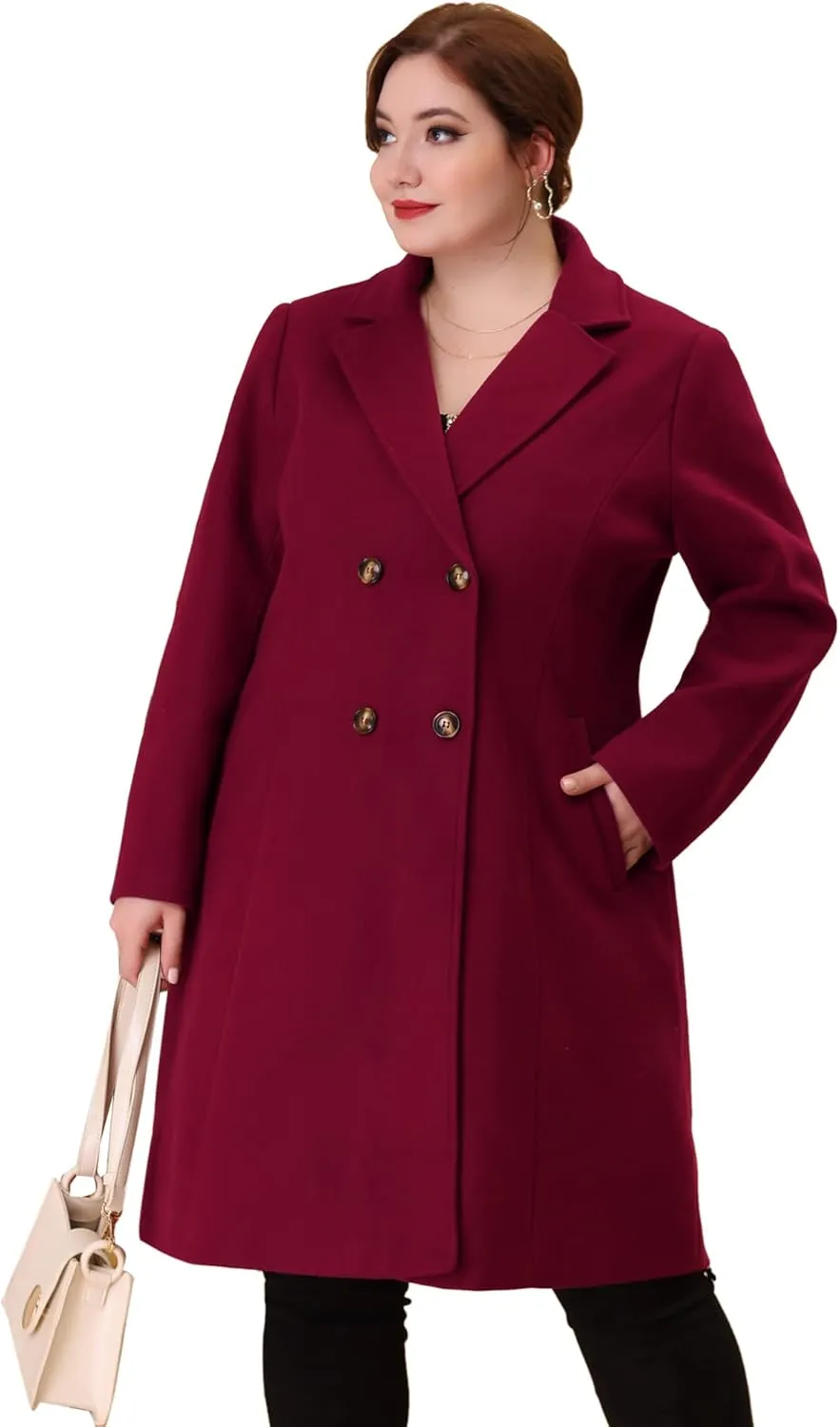 Agnes Orinda Plus Size Long Coats for Women Notched Lapel Winter Warm Double Breasted Coat