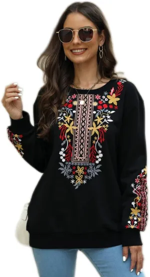AK Womens Fall Sweatershirt Casual Outfits Floral Embroidered Fashion Hoodies Mexican Stylish Long Sleeve Sweaters