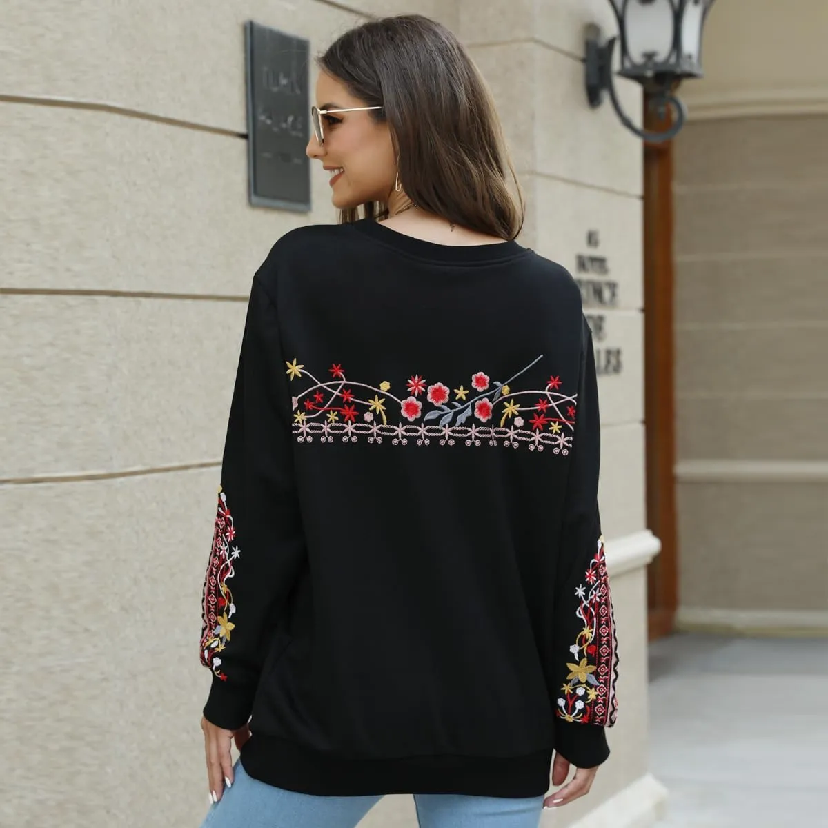AK Womens Fall Sweatershirt Casual Outfits Floral Embroidered Fashion Hoodies Mexican Stylish Long Sleeve Sweaters