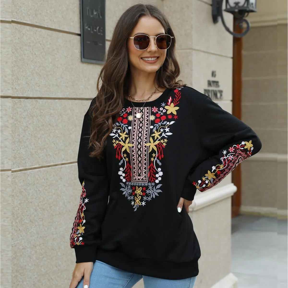 AK Womens Fall Sweatershirt Casual Outfits Floral Embroidered Fashion Hoodies Mexican Stylish Long Sleeve Sweaters