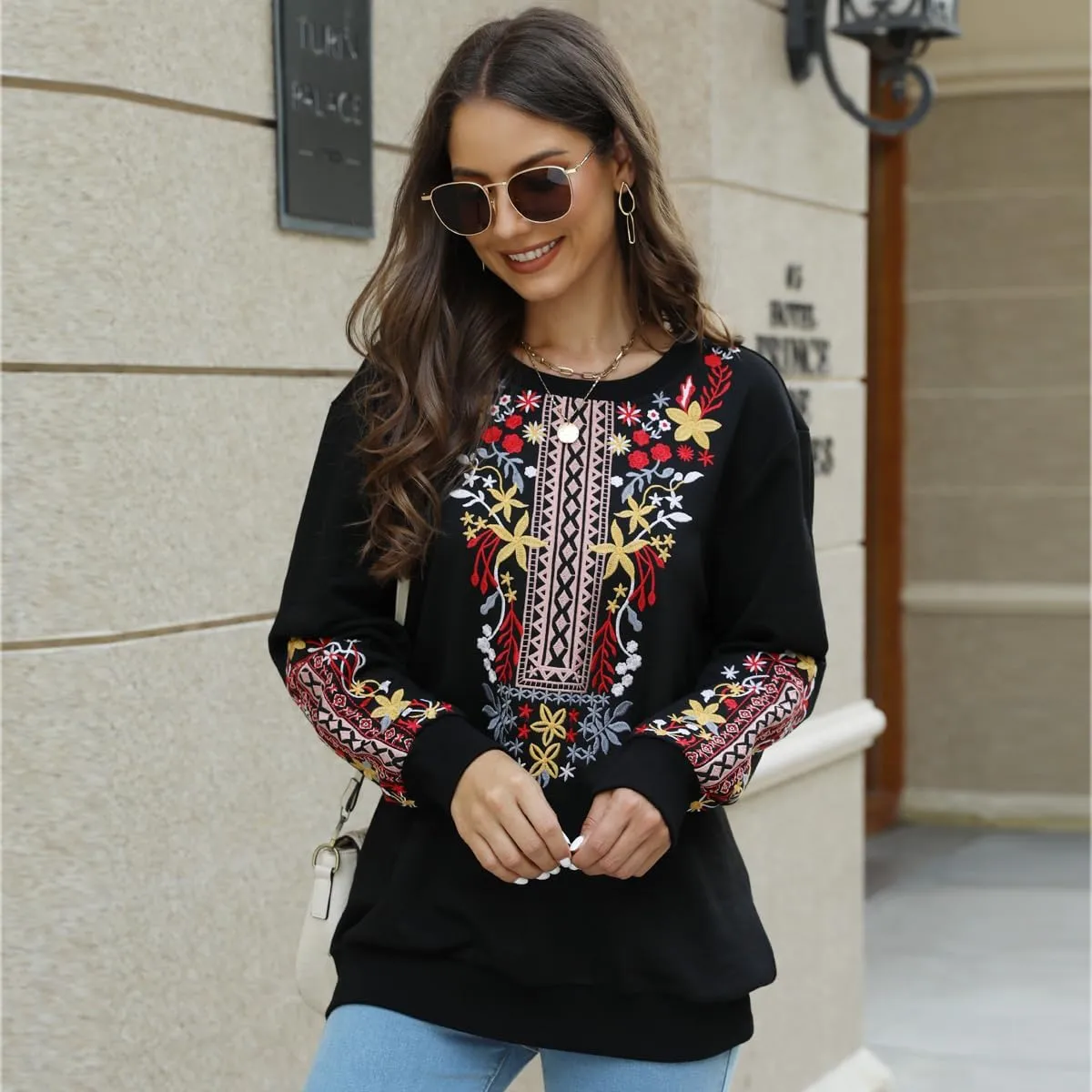 AK Womens Fall Sweatershirt Casual Outfits Floral Embroidered Fashion Hoodies Mexican Stylish Long Sleeve Sweaters