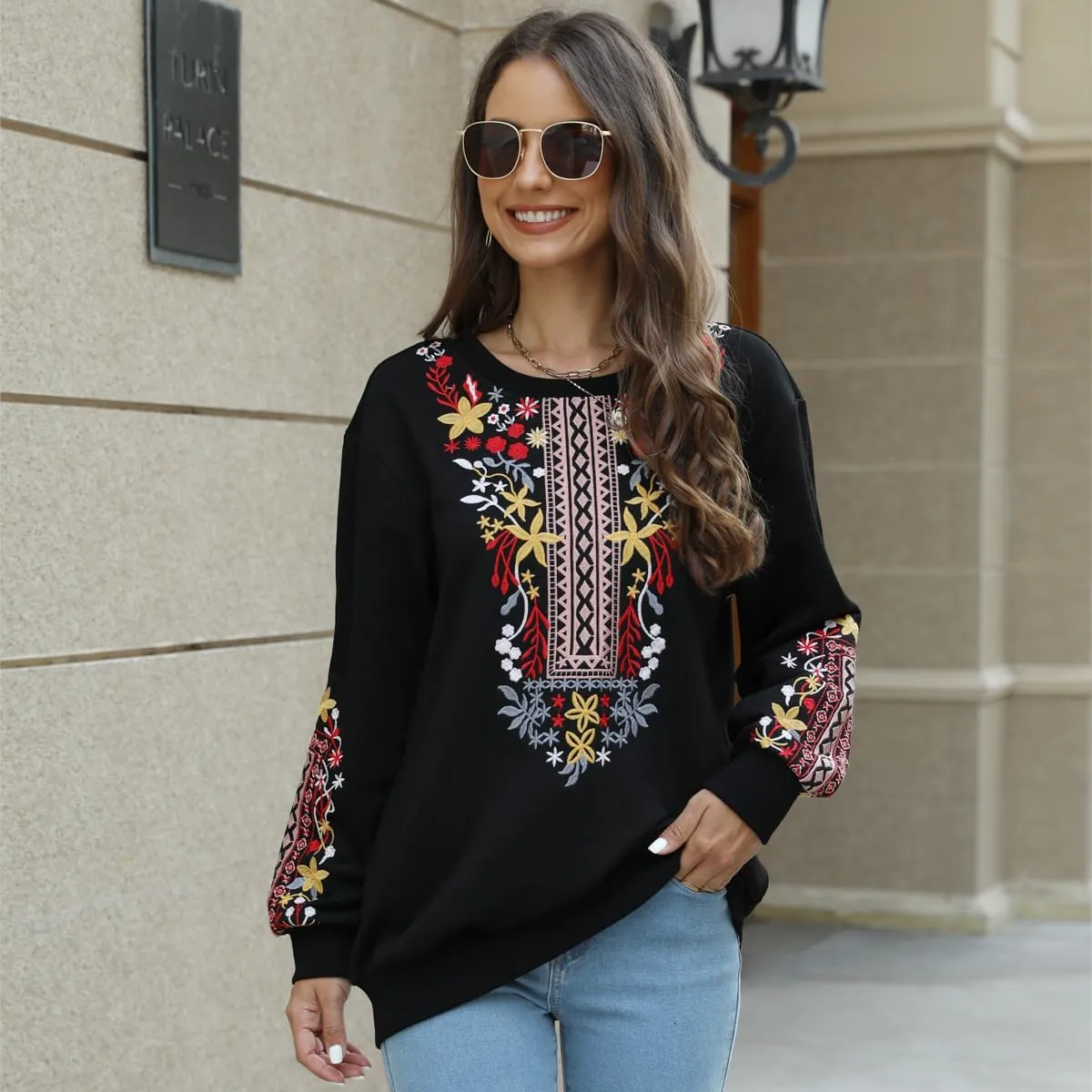 AK Womens Fall Sweatershirt Casual Outfits Floral Embroidered Fashion Hoodies Mexican Stylish Long Sleeve Sweaters