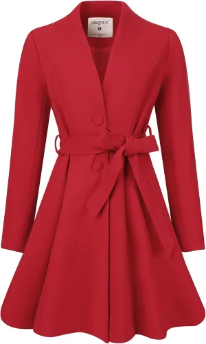 Allegra K Elegant Winter Coat for Women's Collarless Single Breasted Tie Wrap A-Line Swing Coats