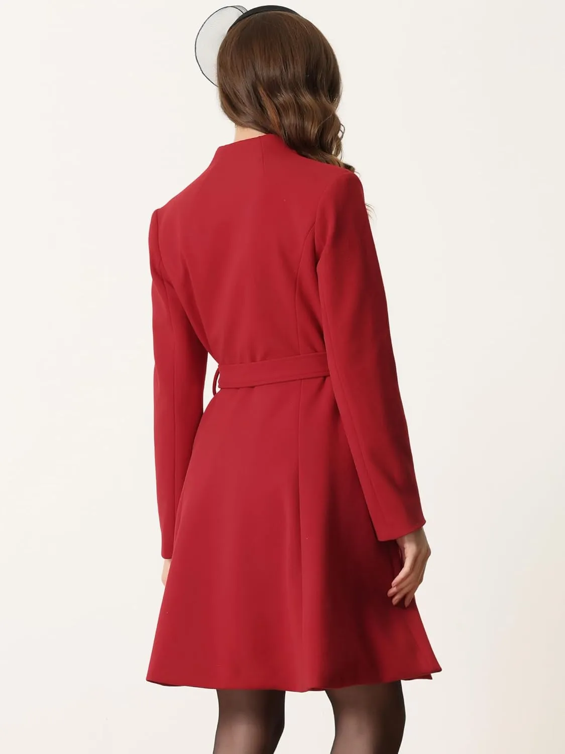 Allegra K Elegant Winter Coat for Women's Collarless Single Breasted Tie Wrap A-Line Swing Coats