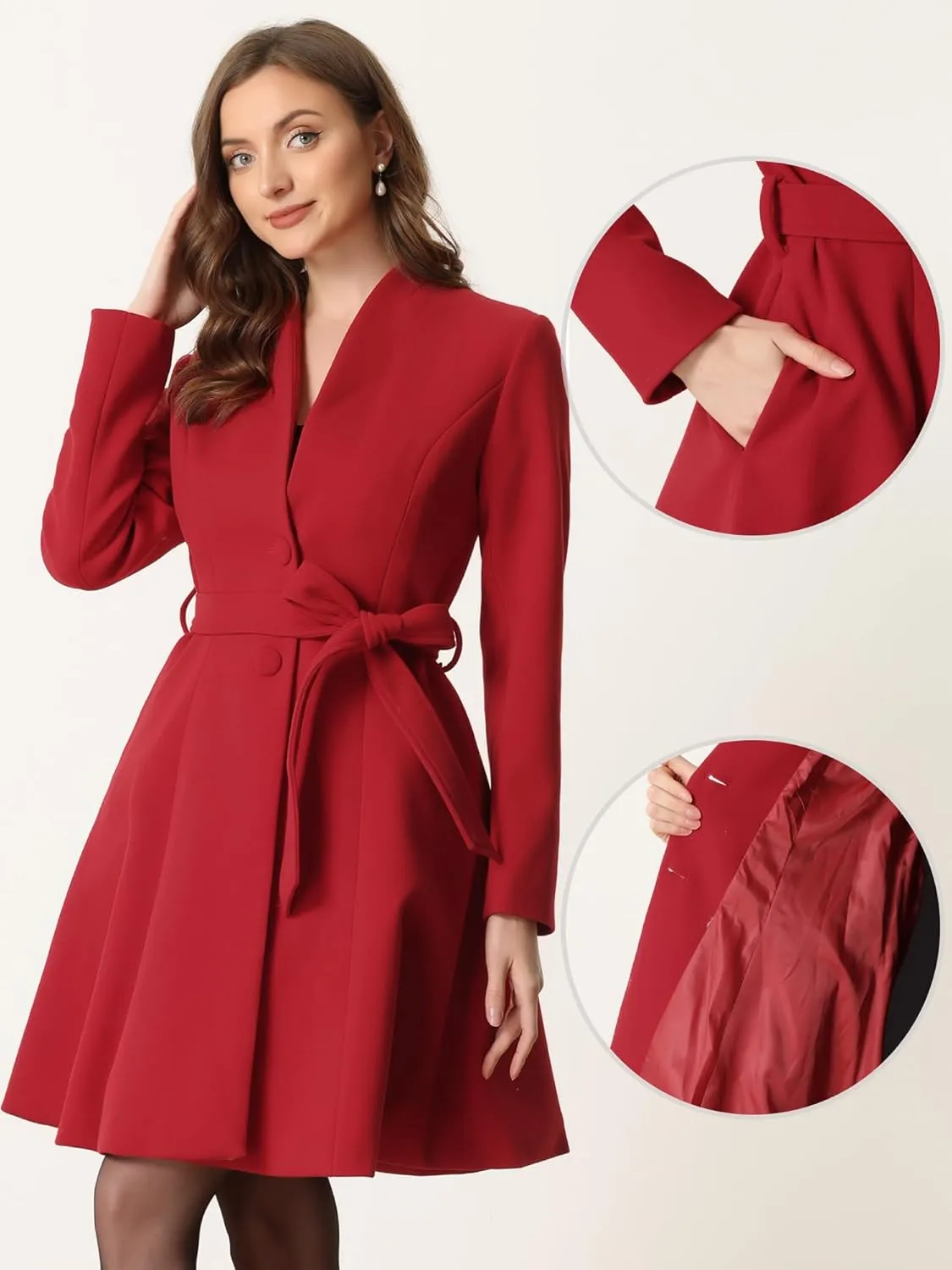 Allegra K Elegant Winter Coat for Women's Collarless Single Breasted Tie Wrap A-Line Swing Coats