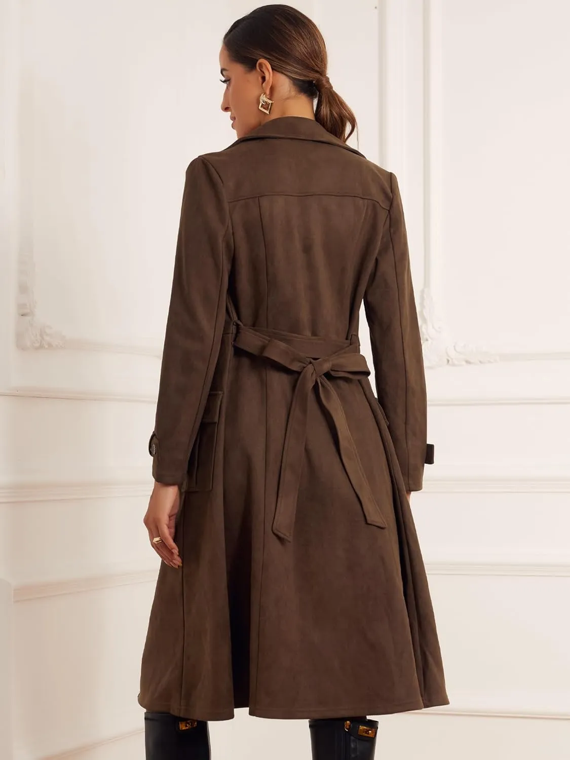 Allegra K Faux Suede Trench Coat for Women's Notched Lapel Double Breasted Belted Long Sleeve Coats