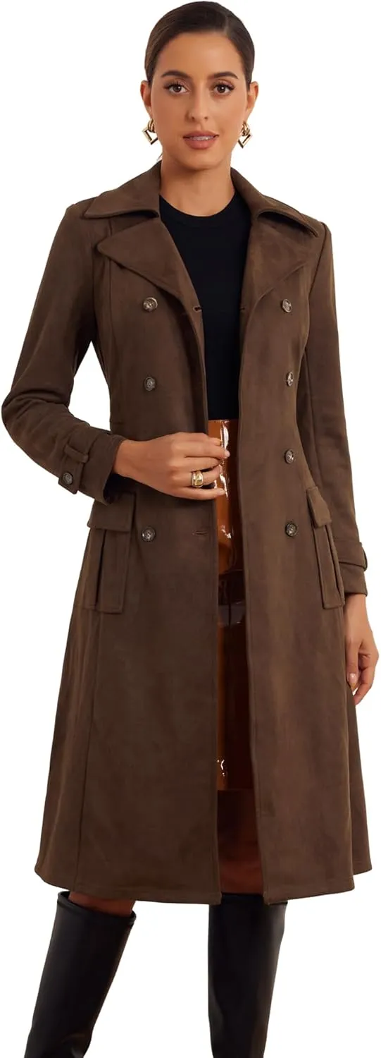 Allegra K Faux Suede Trench Coat for Women's Notched Lapel Double Breasted Belted Long Sleeve Coats