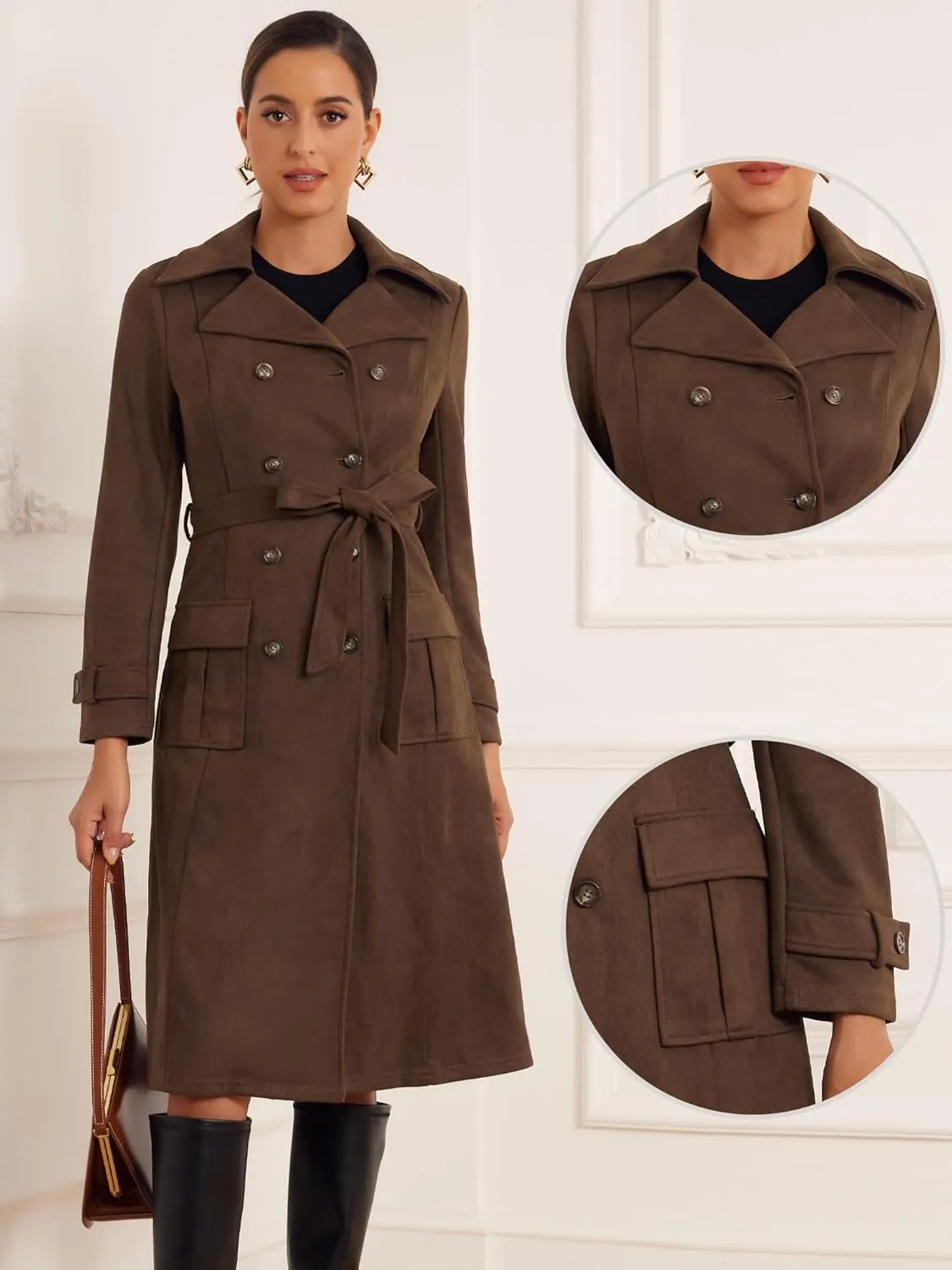 Allegra K Faux Suede Trench Coat for Women's Notched Lapel Double Breasted Belted Long Sleeve Coats