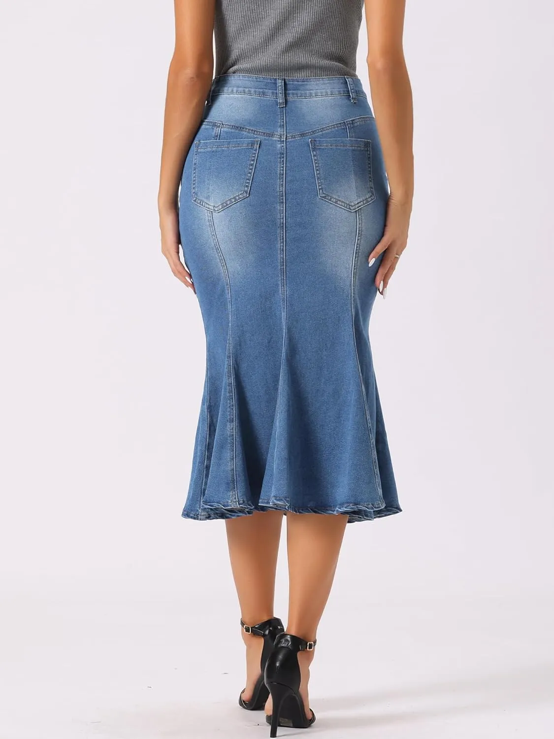 Allegra K Fishtail Denim Skirt for Women's Casual High Waisted Bodycon Midi Jean Skirts