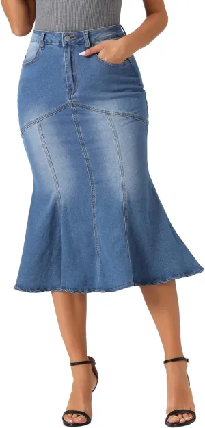 Allegra K Fishtail Denim Skirt for Women's Casual High Waisted Bodycon Midi Jean Skirts