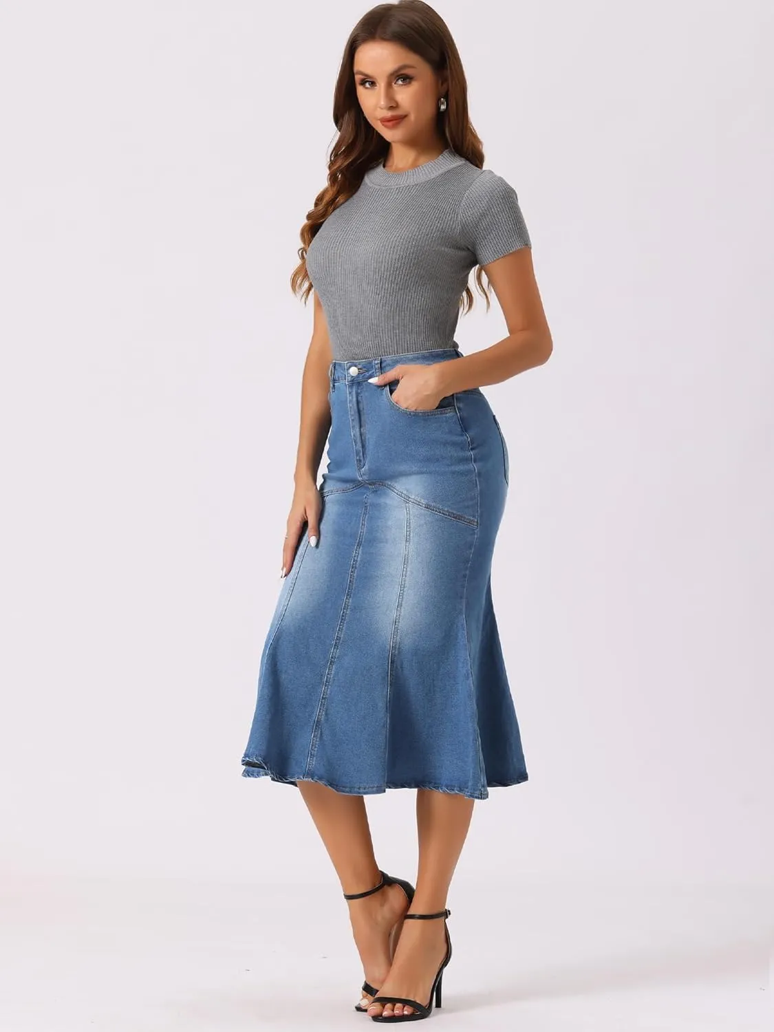 Allegra K Fishtail Denim Skirt for Women's Casual High Waisted Bodycon Midi Jean Skirts