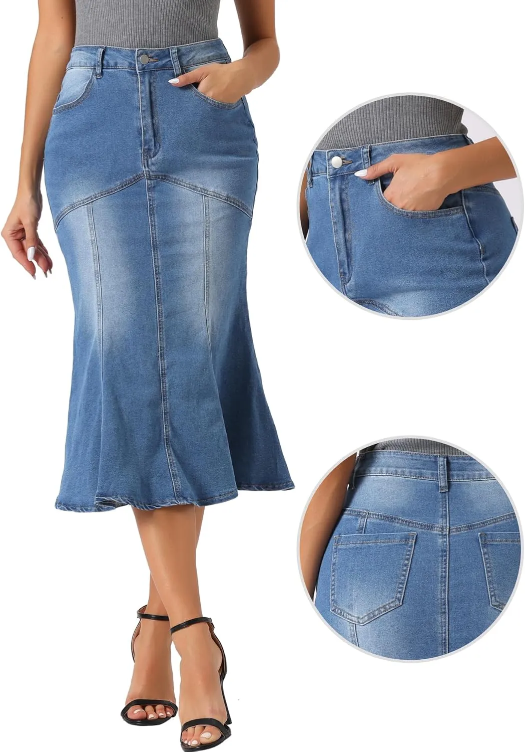 Allegra K Fishtail Denim Skirt for Women's Casual High Waisted Bodycon Midi Jean Skirts