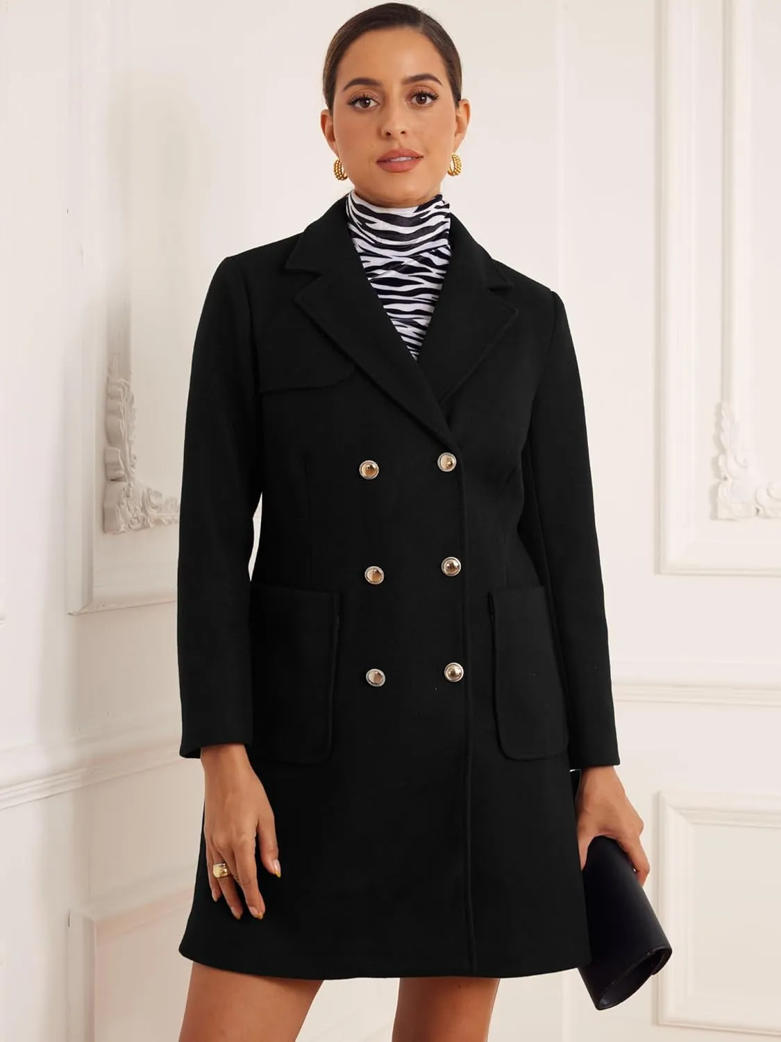 Allegra K Long Coat for Women's Notched Lapel Pockets Double Breasted Long Sleeve Trench Coats