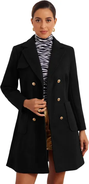 Allegra K Long Coat for Women's Notched Lapel Pockets Double Breasted Long Sleeve Trench Coats