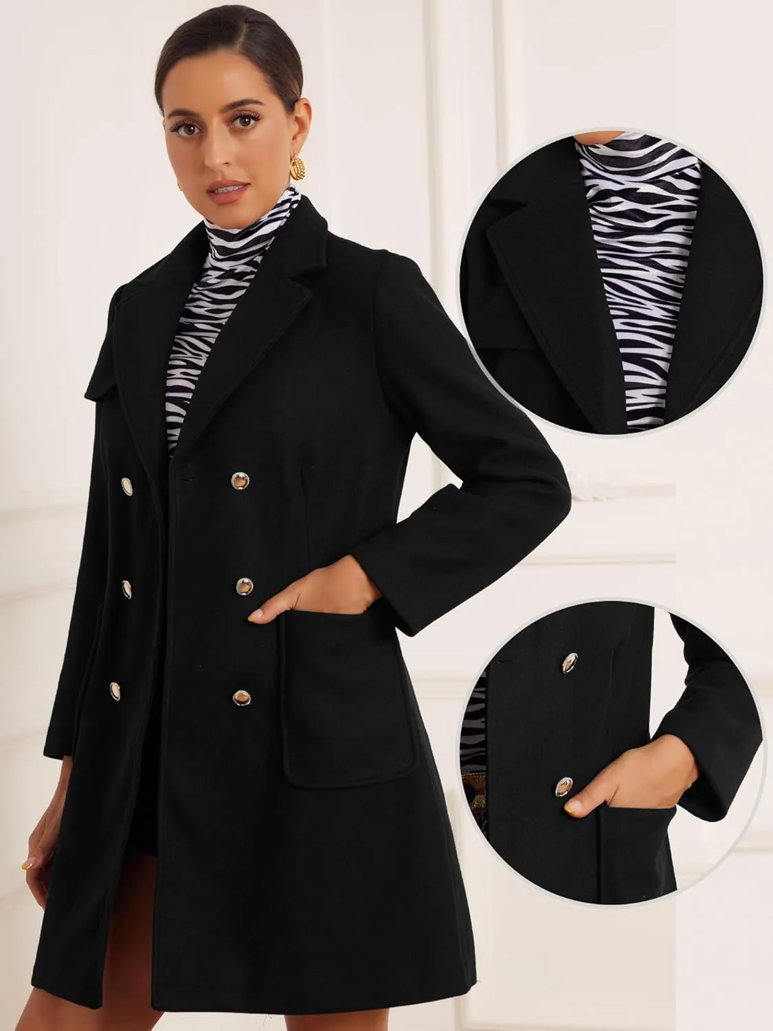 Allegra K Long Coat for Women's Notched Lapel Pockets Double Breasted Long Sleeve Trench Coats